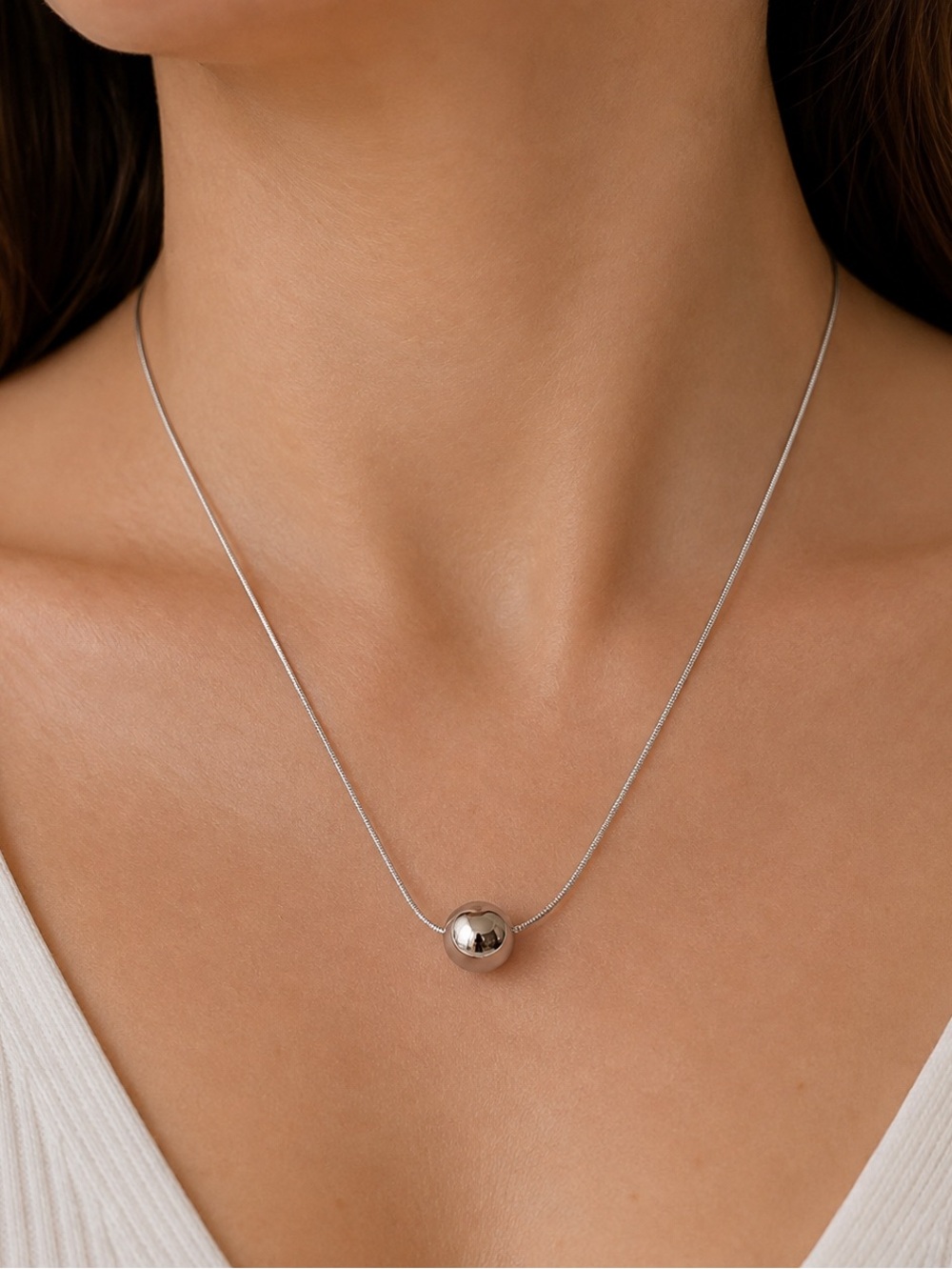 Stainless Steel Adjustable Ball Pendant Necklace – Silver Tone